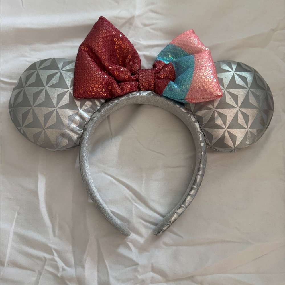 Disney Parks EPCOT Spaceship Earth Minnie Ears Sequin Bow Headband Silver